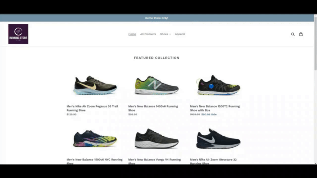 This gif gives an example of a bouncing Ochatbot widget in the bottom righthand corner of a sneaker store.